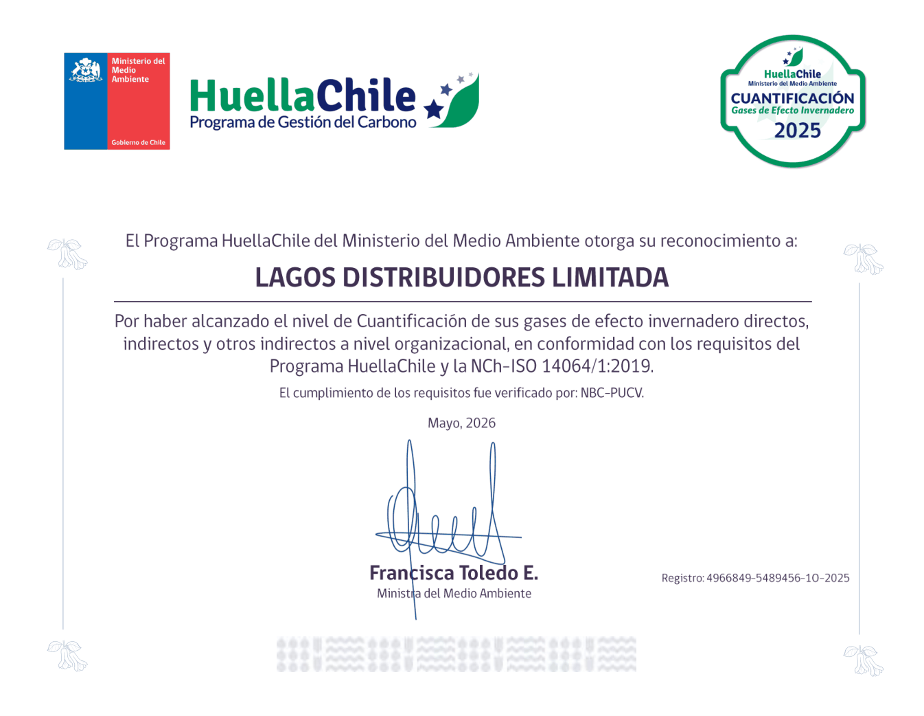 Diploma HuellaChile del Ministerio del Medio Ambiente, nivel Cuantificación 2025, otorgado a LAGOS DISTRIBUIDORES LIMITADA