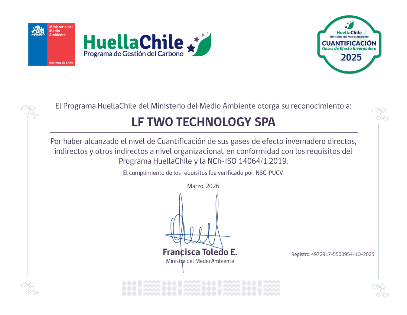 Diploma HuellaChile del Ministerio del Medio Ambiente, nivel Cuantificación 2025, otorgado a LF TWO TECHNOLOGY SPA