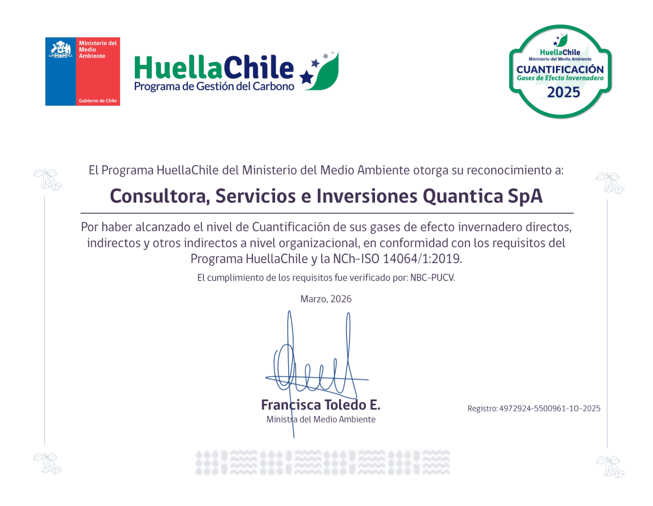 Diploma HuellaChile del Ministerio del Medio Ambiente, nivel Cuantificación 2025, otorgado a Consultora, Servicios e Inversiones Quantica SpA